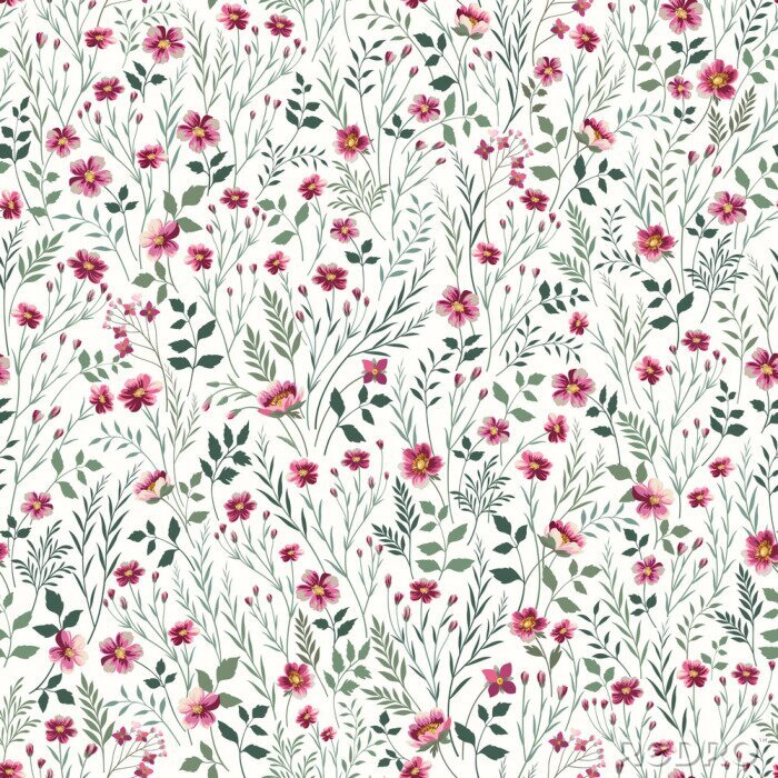 Papier peint à motif  Fleurs des champs roses