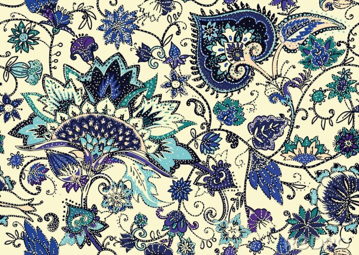 Papier peint à motif  Fleurs et feuilles bleues ornementales