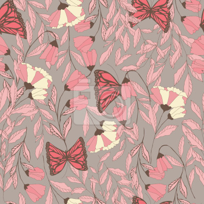 Papier peint à motif  Fleurs et feuilles de papillons roses