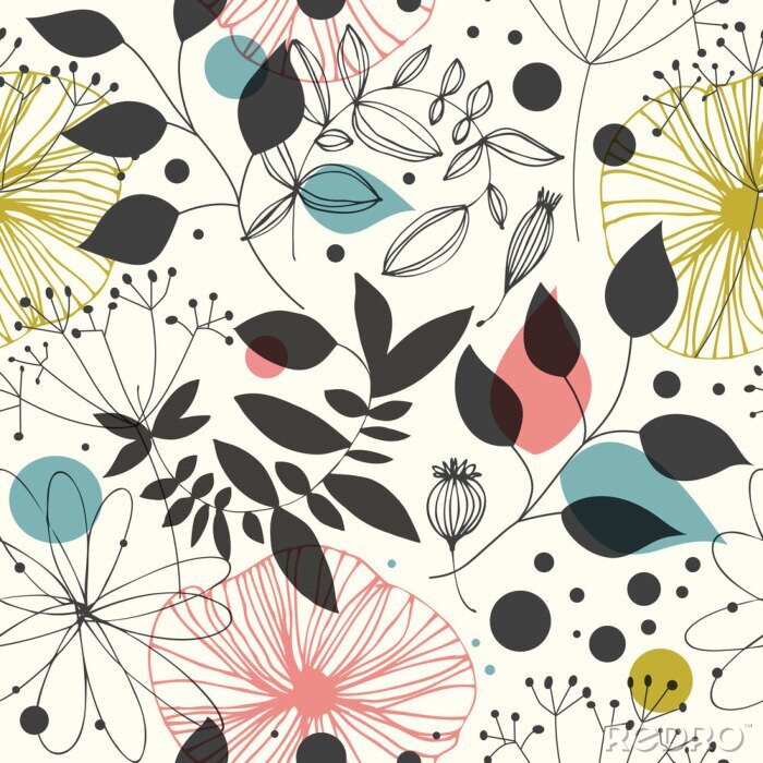Papier peint à motif  Fleurs et feuilles de style scandinave