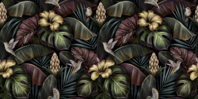 Papier peint à motif  Fleurs et feuilles exotiques