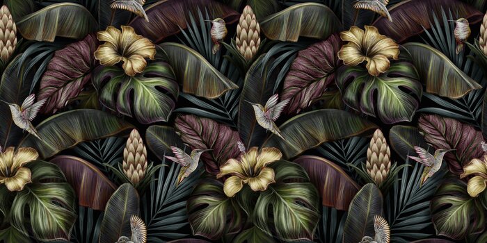 Papier peint à motif  Fleurs et feuilles exotiques