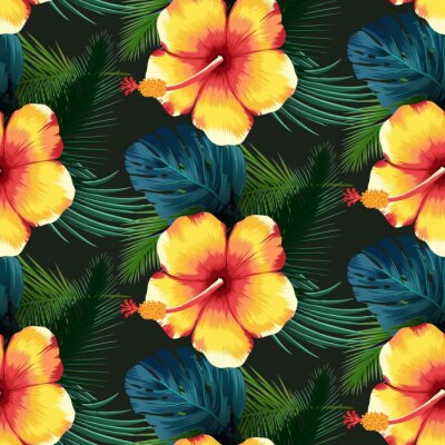 Papier peint à motif  Fleurs et feuilles exotiques jaunes