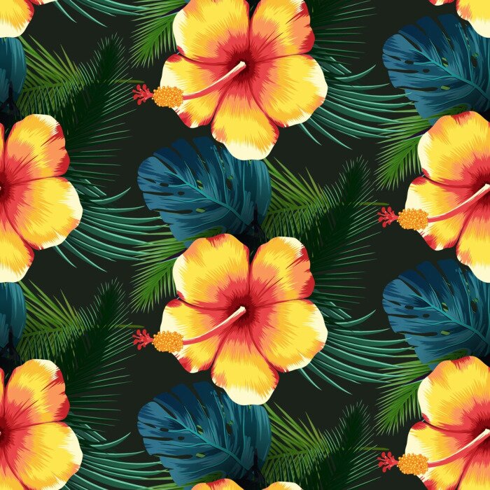 Papier peint à motif  Fleurs et feuilles exotiques jaunes