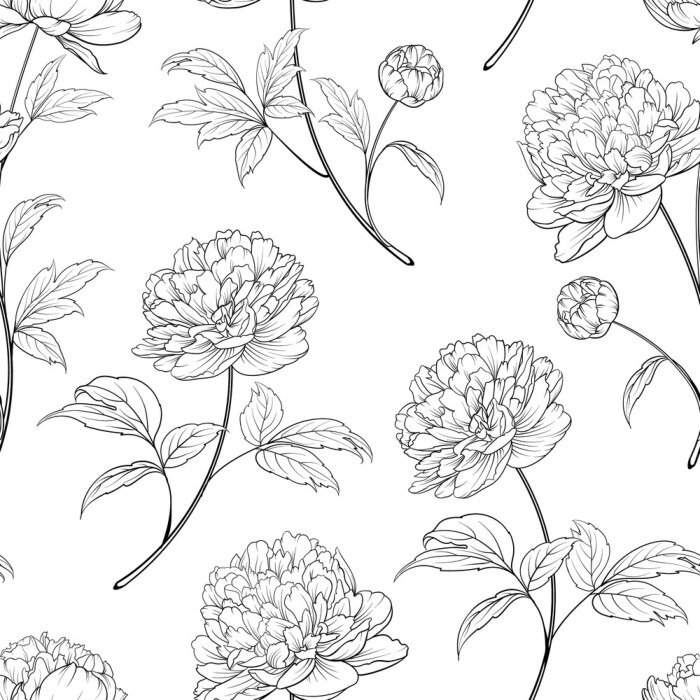 Papier peint à motif  Fleurs et feuilles noires et blanches de pivoines