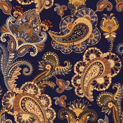 Papier peint à motif  Fleurs et feuilles orientales bleu beige