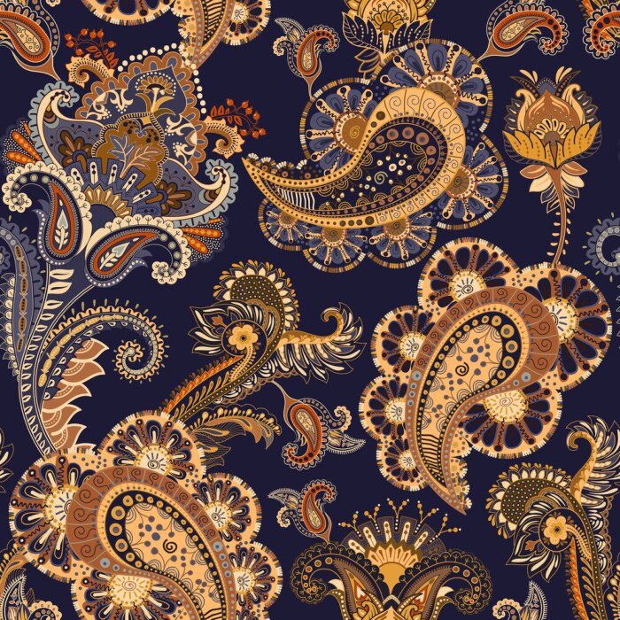 Papier peint à motif  Fleurs et feuilles orientales bleu beige