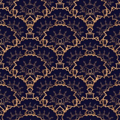 Papier peint à motif  Fleurs et feuilles ornementales dans des tons d'imitation or