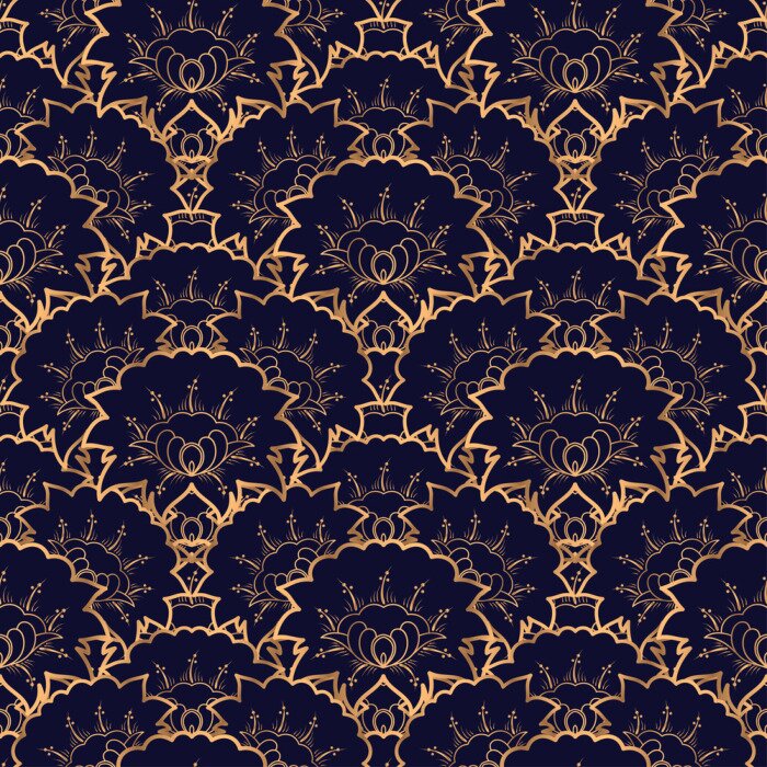 Papier peint à motif  Fleurs et feuilles ornementales dans des tons d'imitation or