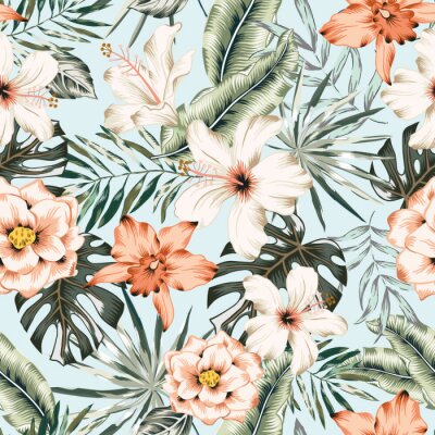 Papier peint à motif  Fleurs et feuilles pastel tropicales