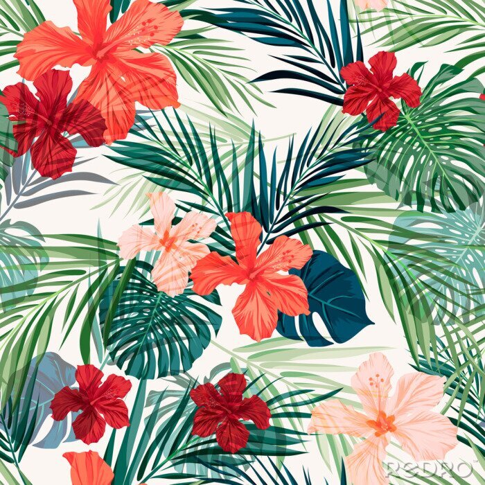 Papier peint à motif  Fleurs et feuilles tropicales de la jungle