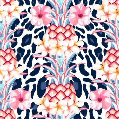 Papier peint à motif  Fleurs et feuilles tropicales roses et bleues