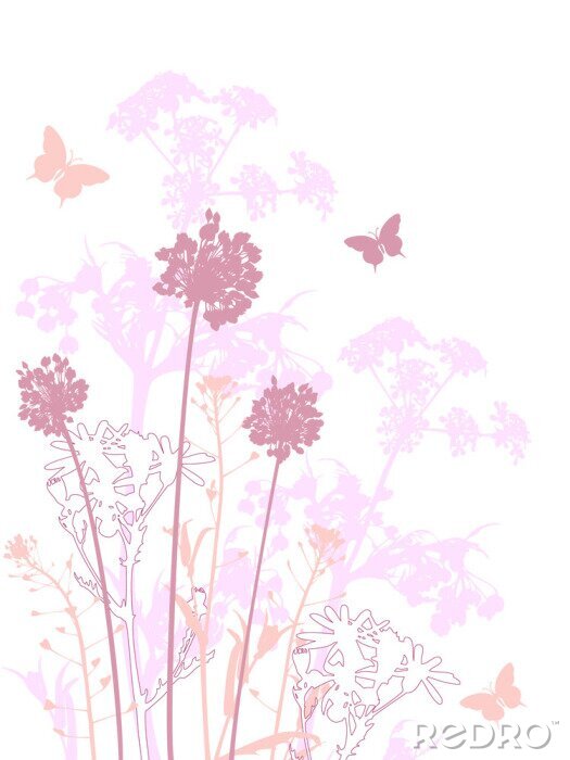 Papier peint à motif  Fleurs et papillons dans les tons de rose