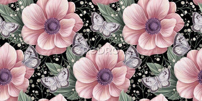 Papier peint à motif  Fleurs et papillons glamour romantiques