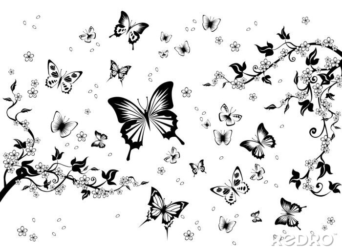 Papier peint à motif  Fleurs et papillons noirs et blancs
