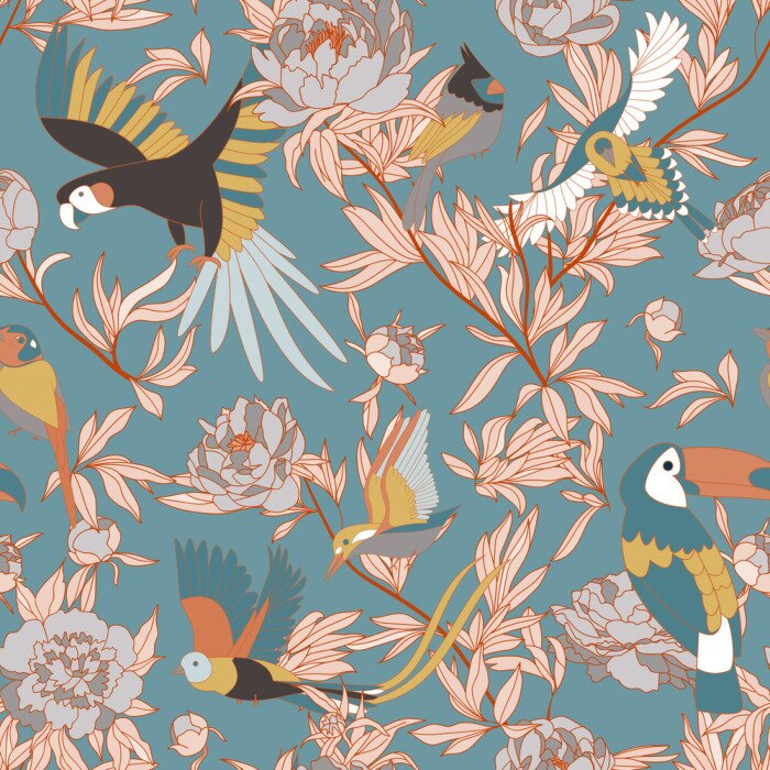 Papier peint à motif  Fleurs et perroquets color?s fond bleu