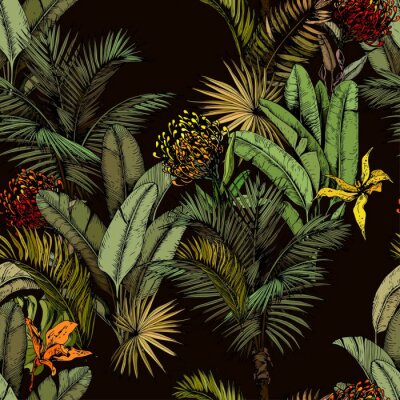 Papier peint à motif  Fleurs exotiques et feuilles tropicales sur fond noir