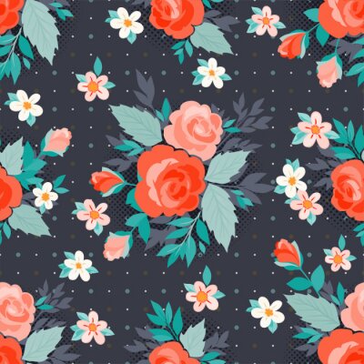 Papier peint à motif  Fleurs illustrées avec des feuilles sur fond sombre