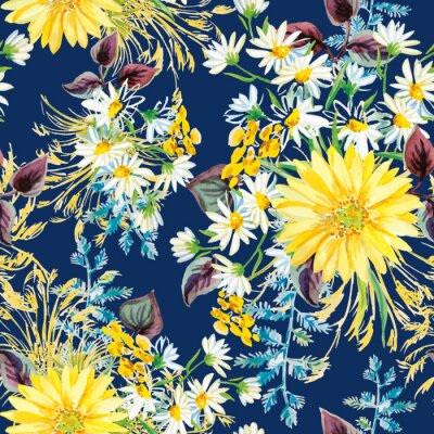 Papier peint à motif  Fleurs jaunes et blanches avec des feuilles violettes et des éléments floraux sur le fond bleu foncé. Aquarelle modèle sans soudure avec des fleurs d'été. Gerbera et marguerites.