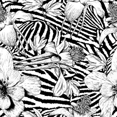 Papier peint à motif  Fleurs monochromes sur fond de zèbre