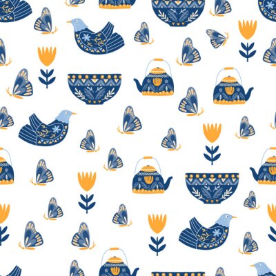 Papier peint à motif  Fleurs oiseaux et papillons bleus sur fond blanc