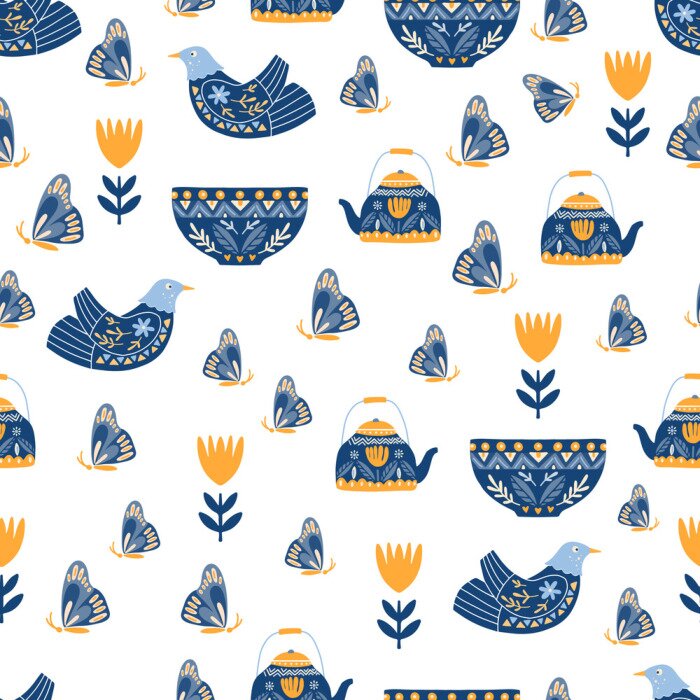 Papier peint à motif  Fleurs oiseaux et papillons bleus sur fond blanc