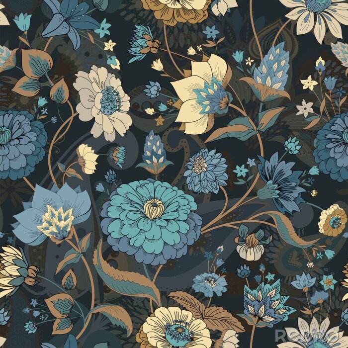 Papier peint à motif  Fleurs orientales bleues sur fond sombre
