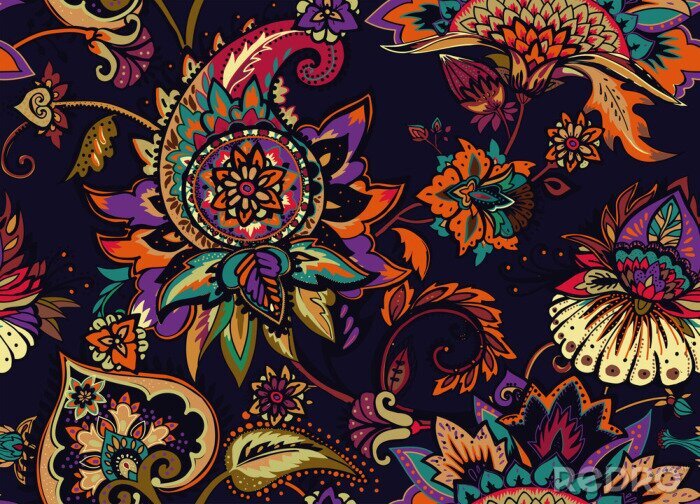 Papier peint à motif  Fleurs orientales multicolores avec des feuilles