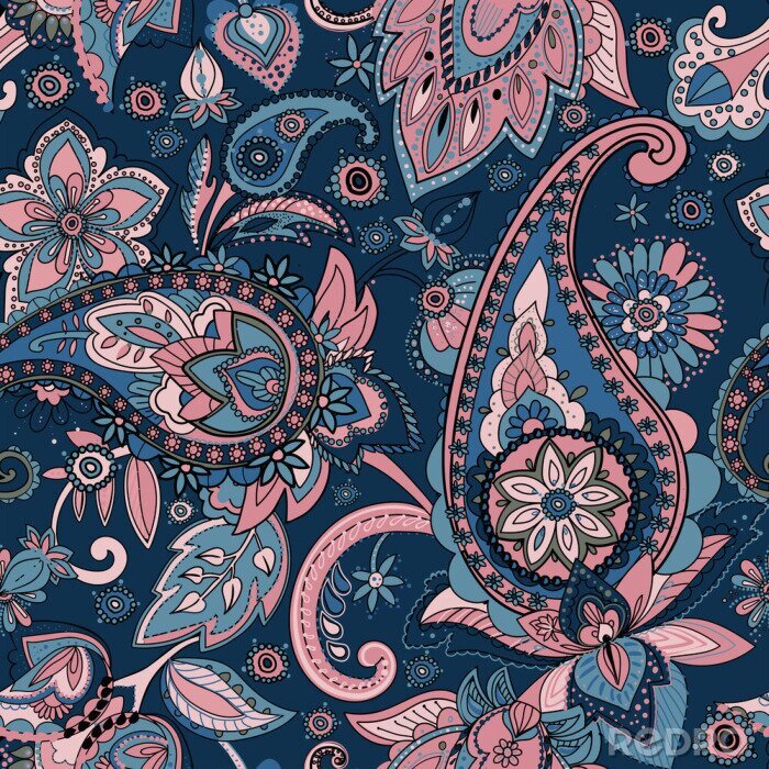 Papier peint à motif  Fleurs orientales roses et bleues