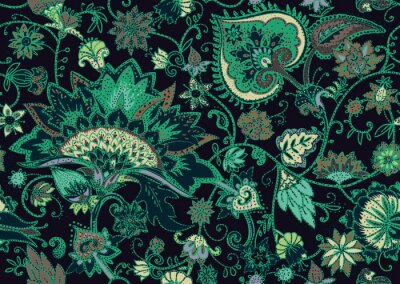 Papier peint à motif  Fleurs orientales vertes sur fond sombre