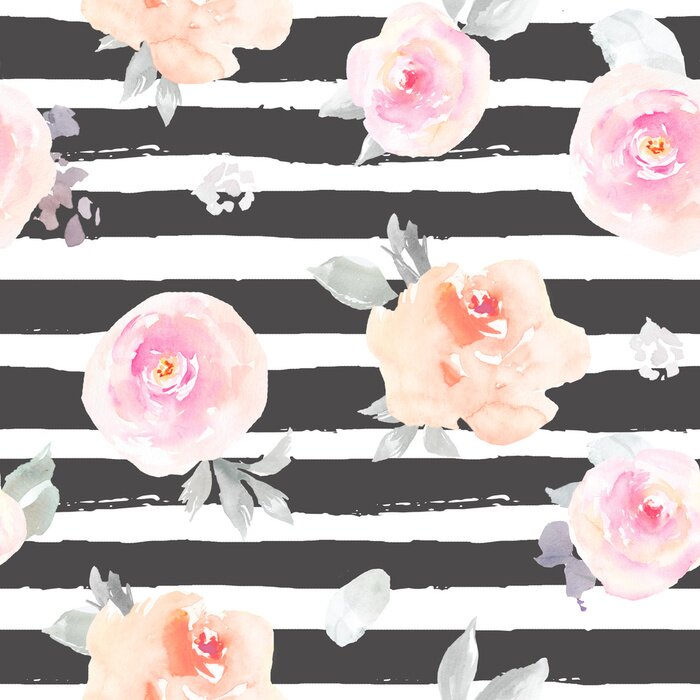 Papier peint à motif  Fleurs pastel sur fond rayé