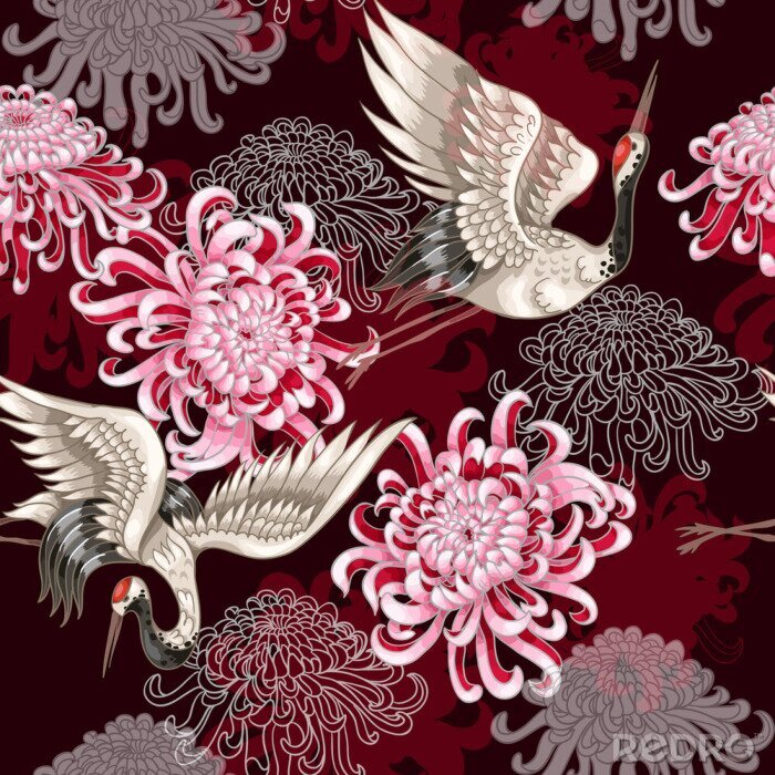 Papier peint à motif  Fleurs roses et grues de style oriental