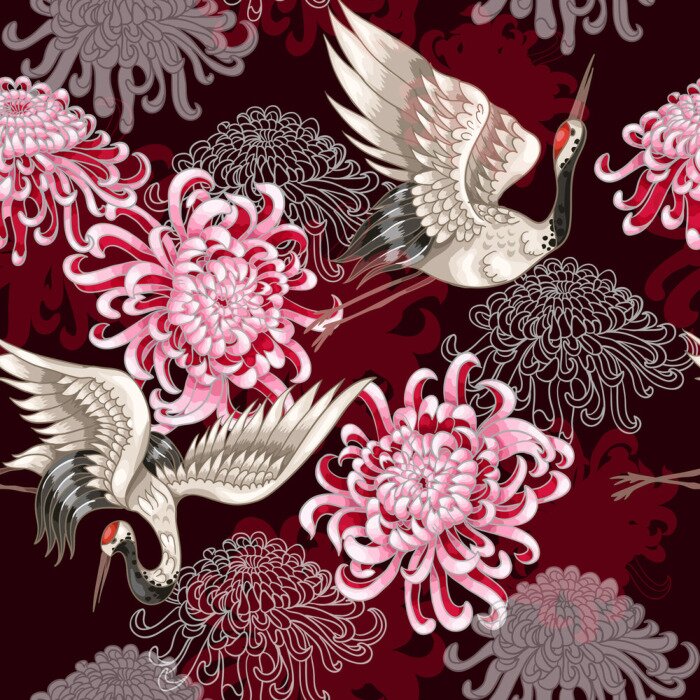 Papier peint à motif  Fleurs roses et grues de style oriental
