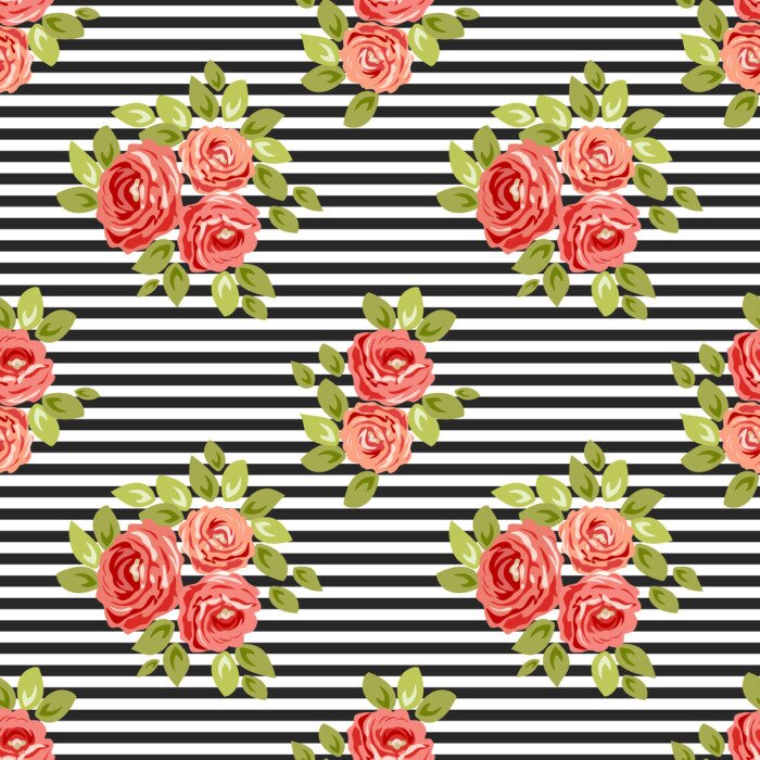 Papier peint à motif  Fleurs rouges avec des feuilles sur un fond rayé noir et blanc