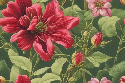 Papier peint à motif  Fleurs rouges dans un jardin verdoyant