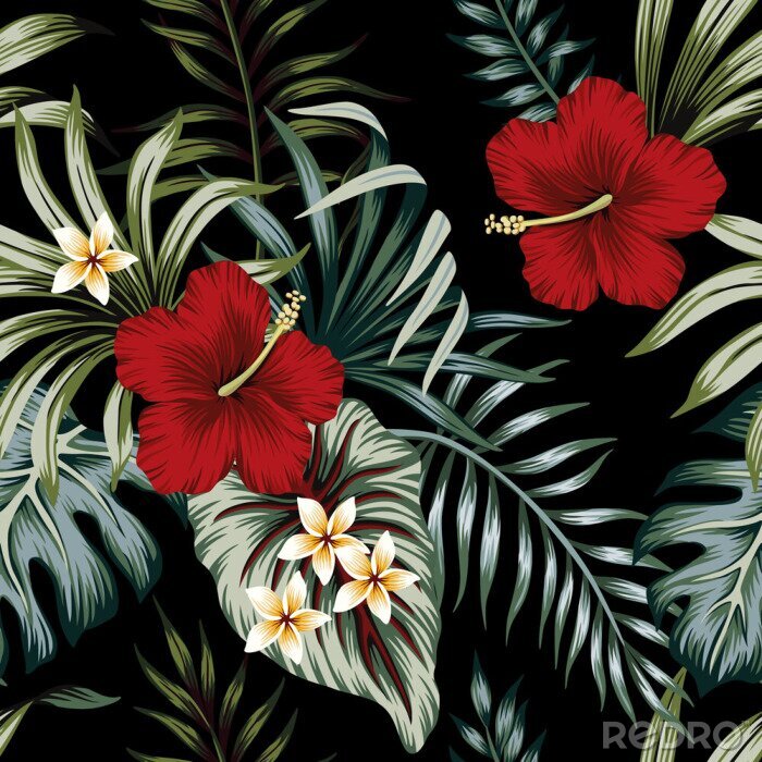 Papier peint à motif  Fleurs rouges et blanches avec des feuilles tropicales