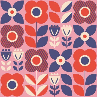Papier peint à motif  Fleurs rouges et bleues rétro dans un style scandinave