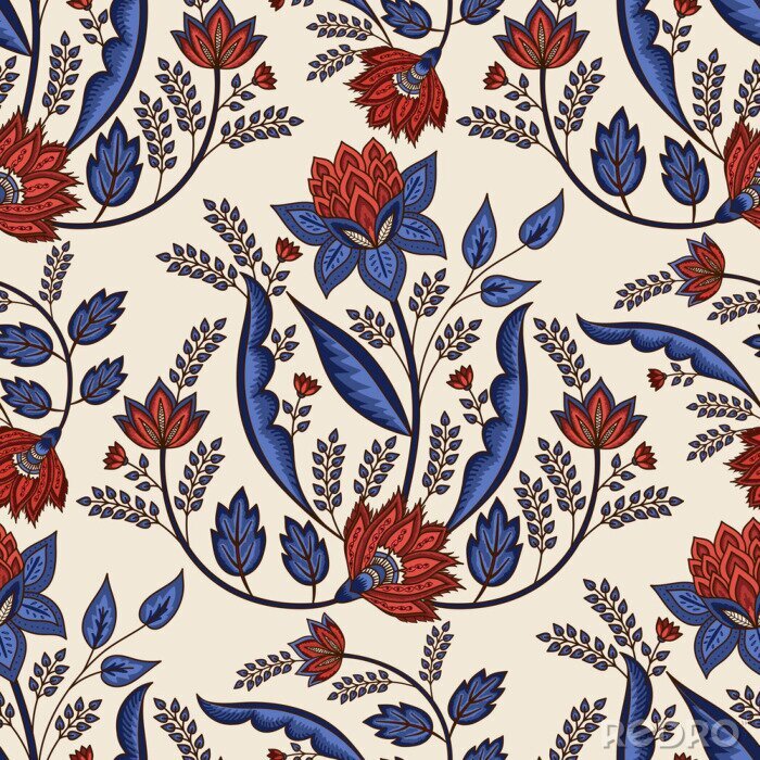 Papier peint à motif  Fleurs rouges et feuilles bleues sur fond beige