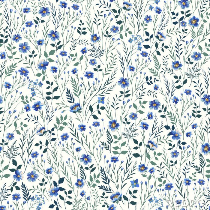 Papier peint à motif  Fleurs sauvages bleues et feuilles vertes