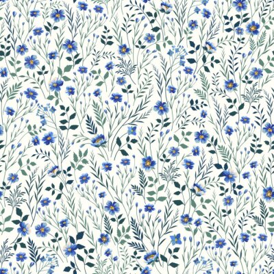 Papier peint à motif  Fleurs sauvages bleues et feuilles vertes