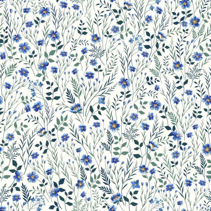 Papier peint à motif  Fleurs sauvages bleues et feuilles vertes