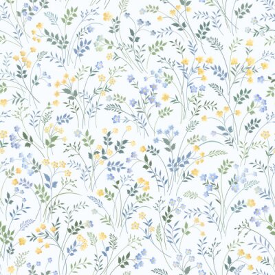 Papier peint à motif  Fleurs sauvages bleues et jaunes sur fond clair