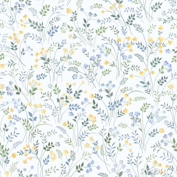 Papier peint à motif  Fleurs sauvages bleues et jaunes sur fond clair