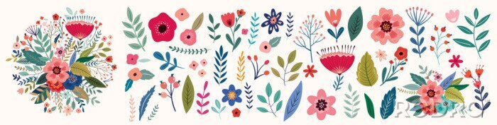 Papier peint à motif  Fleurs sauvages colorées sur fond blanc