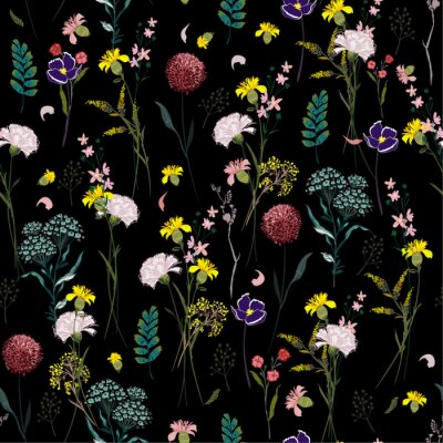 Papier peint à motif  Fleurs sauvages colorées sur fond noir