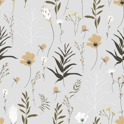 Papier peint à motif  Fleurs sauvages sur fond gris