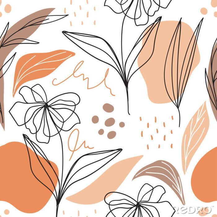 Papier peint à motif  Fleurs scandinaves peintes dans les tons orange