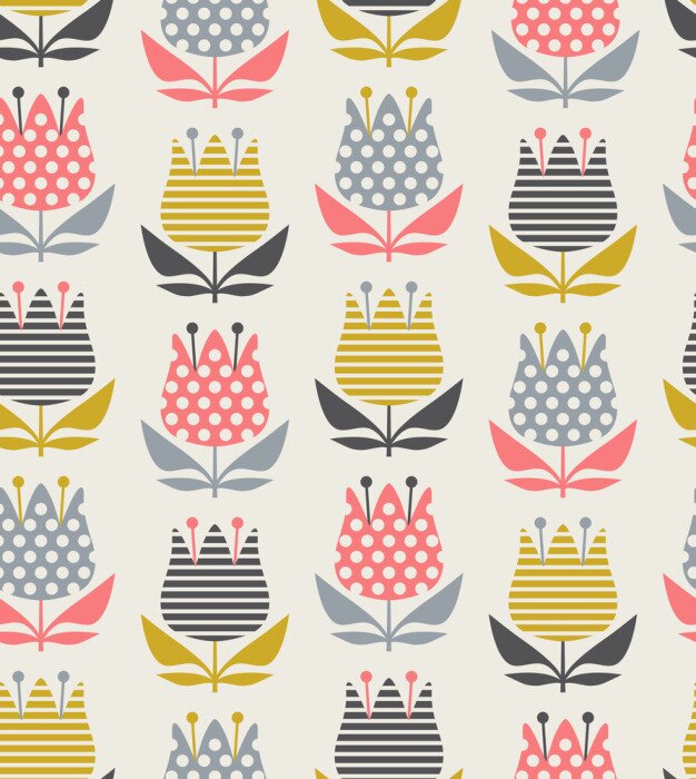 Papier peint à motif  Fleurs scandinaves rétro à pois et rayures