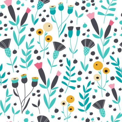 Papier peint à motif  Fleurs scandinaves sur fond blanc