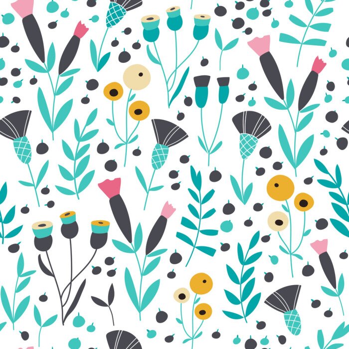 Papier peint à motif  Fleurs scandinaves sur fond blanc